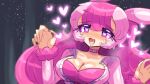  1girl :3 :d animal_ears blush breasts choker cleavage drooling fang fur-trimmed_sleeves fur_trim furrowed_brow hands_up heart heart-shaped_pupils large_breasts long_hair long_sleeves lovander murasakigezi naughty_face nose_blush open_mouth palworld personification pink_choker pink_hair purple_eyes saliva smile solo sweat symbol-shaped_pupils 