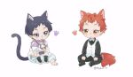  2boys :o :p aged_down animal_ear_fluff animal_ears armor artist_name baby barefoot black_footwear black_hair black_pants black_shirt blush bow bowtie buttons cat_boy cat_ears cat_tail closed_mouth commentary diluc_(genshin_impact) english_commentary ethylene_ty eyeshadow feet genshin_impact highres japanese_armor japanese_clothes kimono kote kurokote layered_sleeves long_sleeves looking_at_another makeup male_focus multiple_boys open_mouth pants parted_bangs paw_print purple_eyes purple_kimono purple_sash red_eyes red_eyeshadow red_hair sash scaramouche_(genshin_impact) scaramouche_(kabukimono)_(genshin_impact) shirt shoes short_hair simple_background sitting tail toes tongue tongue_out twitter_username vest white_background white_bow white_bowtie white_pants white_vest wolf_boy wolf_ears wolf_tail 
