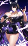  1girl absurdres animal_ear_fluff animal_ears azur_lane beads black_hair breasts cleavage colored_inner_hair cowboy_shot facial_mark fox_ears fox_girl gem hand_on_own_chest highres huge_breasts jewelry kayoubi_(tuesday_91) kitsune lightning long_hair looking_at_viewer low_neckline magatama magatama_necklace multicolored_hair musashi_(azur_lane) necklace prayer_beads purple_gemstone purple_hair purple_lightning solo two-tone_hair very_long_hair whisker_markings yellow_eyes 