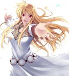  1girl :d bangs belly_chain blonde_hair breasts collarbone dress eyebrows_visible_through_hair fate_testarossa floating_hair hair_between_eyes jewelry large_breasts long_hair looking_at_viewer lyrical_nanoha mahou_shoujo_lyrical_nanoha_strikers open_mouth outstretched_arms red_eyes smile solo sougetsu_izuki standing straight_hair very_long_hair white_dress 