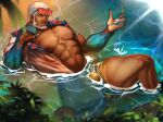  1boy abs absurdres aegir_(housamo) afloat alex_(cerealex) anchor_earrings aqua_hair bara bare_pectorals beard blue_eyes bulge come_hither dark-skinned_male dark_skin earrings facial_hair feet_out_of_frame fingernails fins fish_boy forearms full_beard highres jewelry knee_up large_pectorals male_focus mature_male multicolored_hair muscular muscular_male mustache_stubble navel nipples ocean pectorals sharp_fingernails short_hair solo stomach streaked_hair stubble sunglasses thick_beard thick_eyebrows thick_thighs thighs tokyo_afterschool_summoners white_hair 