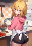  1boy absurdres apron ass back_bow black_shorts blonde_hair blue_eyes bow bowl bridget_(guilty_gear) commentary_request cooking cowboy_shot from_behind guilty_gear hair_between_eyes hakusyokuto highres holding holding_bowl holding_whisk hood hood_down hoodie indoors kitchen looking_at_viewer looking_back male_focus medium_hair otoko_no_ko paid_reward_available parted_lips pink_hoodie short_shorts shorts solo whisk white_apron white_bow 