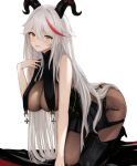  aegir_(azur_lane) all_fours asymmetrical_footwear azur_lane bare_shoulders black_garter_straps bodystocking boots breast_curtains breasts cleavage cross cross-laced_clothes demon_horns garter_straps hair_on_horn hand_up horns knee_boots long_hair mechanical_horns multicolored_hair red_hair sa_(nax49) single_knee_boot streaked_hair underbust uneven_footwear white_background 