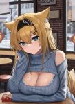  1girl absurdres animal_ear_fluff animal_ears arknights arm_under_breasts bare_shoulders black_hairband blonde_hair blue_bra blue_eyes blush bra bra_peek breasts cafe chinese_new_year chinese_zodiac cleavage cleavage_cutout closed_mouth clothing_cutout english_commentary gaai hair_ornament hairband hairclip hand_on_own_cheek hand_on_own_face highres hongbao horn_(arknights) indoors large_breasts long_hair long_sleeves looking_at_viewer meme_attire open-chest_sweater sleeves_past_wrists smile snowing solo sweater tail underwear very_long_hair window wolf_ears wolf_girl wolf_tail year_of_the_dragon 
