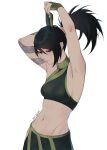  1girl akali armpits arms_up artist_name black_hair closed_mouth crop_top green_skirt highres league_of_legends long_hair navel red_eyes simple_background skirt solo stomach tauri_(iotauri) tying_hair white_background 