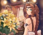  1girl aerith_gainsborough aerith_gainsborough_(white_floral_dress) artist_name back_bow bare_shoulders blurry blurry_foreground bouquet bow braid braided_ponytail breasts brown_hair card circlet closed_mouth clothes_hanger crown dress dressing_room final_fantasy final_fantasy_vii final_fantasy_vii_rebirth flower green_eyes highres holding holding_card jacket lenak light_smile lily_(flower) lipstick long_hair looking_at_viewer makeup medium_breasts mirror official_alternate_costume parted_bangs pink_dress red_jacket sidelocks signature single_braid solo upper_body wavy_hair white_dress yellow_flower 