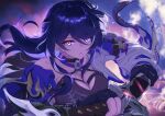  1girl absurdres acheron_(honkai:_star_rail) black_gloves breasts cleavage commentary drawing_sword gloves hair_over_one_eye highres holding holding_sword holding_weapon honkai:_star_rail honkai_(series) incoming_attack katana long_hair looking_at_viewer purple_eyes purple_hair redfield09 revision solo sword very_long_hair weapon 