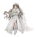  1girl absurdres bouquet breasts bridal_veil brown_hair chinese_commentary cleavage closed_mouth collarbone commentary_request dress flower full_body girls&#039;_frontline grey_footwear hair_between_eyes hair_flower hair_ornament high_heels highres holding holding_bouquet long_hair looking_at_viewer medium_breasts mole mole_under_eye off-shoulder_dress off_shoulder red_eyes simple_background solo sp9_(girls&#039;_frontline) standing strapless strapless_dress veil very_long_hair wedding_dress weibo_username white_background white_dress white_flower youamo 