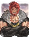  1boy bara beard biceps facial_hair gloves large_pectorals long_sideburns male_focus manly muscular muscular_male nikism one_eye_closed original pectoral_cleavage pectorals red_eyes red_hair sideburns smile solo thick_arms tight tusks veins 