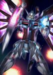  commentary destiny_gundam_spec_ii energy_sword energy_wings explosion glowing glowing_eyes glowing_hand green_eyes gundam gundam_seed gundam_seed_freedom highres holding holding_sword holding_weapon looking_at_viewer mate_(oktavia1121) mecha mobile_suit no_humans robot solo sword upper_body v-fin weapon 