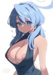  1girl ? ako_(blue_archive) ako_(dress)_(blue_archive) backless_dress backless_outfit bare_shoulders blue_archive blue_dress blue_eyes blue_hair blush breasts cleavage commentary_request dress earrings hair_between_eyes hairband halo highres jewelry large_breasts looking_at_viewer medium_hair nipple_slip nipples plunging_neckline sideboob solo yamagara_tasuku 
