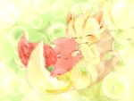 2016 abstract_background ambiguous_gender canid canine cuddling daww deaic dragon duo embrace eyes_closed feral fur hug kemono mammal pink_body pink_fur smile yellow_body