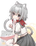  1girl animal_ears arm_support blush cat_ears cat_tail clothes_in_mouth commentary_request extra_ears from_side grey_eyes grey_hair grey_sailor_collar grey_skirt grey_tail hair_between_eyes highres looking_at_viewer medium_hair midriff miyayoki mouth_hold mr.quin navel original paw_pose paw_print_soles pleated_skirt red_scarf sailor_collar scarf school_uniform serafuku sitting sketch skirt solo tail thighhighs unworn_thighhighs white_background white_serafuku white_thighhighs 