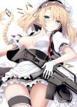  1girl apron assault_rifle black_panties blonde_hair blue_eyes blush braid breasts cartridge french_braid fujii_jun g36_(girls&#039;_frontline) girls&#039;_frontline gloves gun h&amp;k_g36 long_braid long_hair lying maid maid_headdress panties pantyshot parted_lips rifle rifle_cartridge solo underwear waist_apron weapon white_background white_gloves 