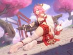  1girl animal_ears armpits bare_legs breasts detached_sleeves earrings feet floppy_ears fox_ears genshin_impact japanese_clothes jewelry kimono long_hair looking_at_viewer looking_back low-tied_long_hair miko no_shoes pink_hair sarena sideboob soles thighhighs white_legwear yae_miko 