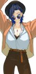  1girl absurdres arms_up belt black_bra black_hair black_headwear black_pants blue_eyes blue_hair bra breasts brown_jacket cleavage collarbone collared_shirt dress_shirt earrings hair_intakes hat highres hololive hololive_english hourglass_necklace jacket jewelry large_breasts long_sleeves looking_at_viewer multicolored_hair necklace open_clothes open_jacket open_mouth ouro_kronii pants partially_unbuttoned shirt short_hair simple_background smile sunglasses two-tone_hair underwear virtual_youtuber white_background white_shirt wolf_cut yuutomeh 