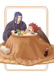  2boys alternate_costume black_sweater blue_hair commentary controller cross_scar eating final_fantasy food food_in_mouth food_request fruit green_eyes highres holding holding_remote_control implied_yaoi isa_(kingdom_hearts) kingdom_hearts kingdom_hearts_iii kotatsu lea_(kingdom_hearts) long_hair male_focus moogle mukashino multiple_boys open_mouth orange_(fruit) red_hair remote_control rug scar scar_on_face scar_on_forehead sidelocks simple_background sitting soda_bottle spiked_hair sweater table teeth tissue_box under_kotatsu under_table upper_body upper_teeth_only white_background 