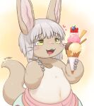 &lt;3 2023 ambiguous_gender anthro belly blush bodily_fluids bottomwear brown_body brown_fur clothed clothing cutlery dessert drooling fangs food fur grey_hair hair half-closed_eyes half-length_portrait happy hi_res holding_object holding_spoon horizontal_pupils ice_cream kemono kitchen_utensils lagomorph looking_at_food looking_at_object made_in_abyss mammal multicolored_body multicolored_fur nanachi narehate narrowed_eyes navel nawa open_mouth open_smile overweight overweight_ambiguous overweight_anthro portrait pupils saliva signature simple_background smile solo spoon tail tan_body tan_fur teeth tongue tools topless two_tone_body two_tone_fur weight_gain whiskers wide_hips wooden_spoon yellow_eyes