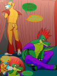  alligator alligatorid anthro blush bodily_fluids bow_tie brown_body brown_fur clothed clothing crocodilian cum digital_media_(artwork) duo dustin_c english_text five_nights_at_freddy&#039;s five_nights_at_freddy&#039;s:_security_breach fur genital_fluids glamrock_freddy_(fnaf) green_body green_skin hair hat headgear headwear hi_res leaking_cum male male/male mammal montgomery_gator_(fnaf) motion_lines open_mouth reptile scalie scott_cawthon scottgames smile speech_bubble teeth text top_hat ursid ursine video_games 