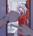  1girl 1other ? blue_hair commentary_request cup faucet ganyu_(genshin_impact) genshin_impact highres holding holding_toothbrush horns long_hair long_sleeves looking_at_viewer mirror open_mouth pointing pov purple_eyes red_shirt shirt sink solo_focus sunnypoppy toothbrush upper_body very_long_hair watch wristwatch 