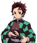  1boy belt belt_buckle black_hair brown_hair brown_jacket buckle burn_mark checkered earrings hanafuda_earrings haori highres holding holding_sword holding_weapon jacket japanese_clothes jewelry kamado_tanjirou kimetsu_no_yaiba long_sleeves looking_at_viewer male_focus multicolored_hair red_eyes sheath sheathed short_hair simple_background solo sword two-tone_hair unsheathing upper_body weapon white_background white_belt yoshinatsu 