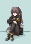  1girl absurdres armband black_jacket black_pantyhose boots coteri expressionless full_body girls&#039;_frontline grey_background grey_hair highres hugging_own_legs jacket long_hair one_side_up pantyhose scar scar_across_eye scar_on_face simple_background sitting ump45_(girls&#039;_frontline) yellow_armband 
