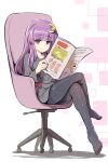  black_pantyhose black_shirt bow casual chair crescent crescent_hair_ornament crossed_legs hair_bow hair_ornament highres holding holding_newspaper long_hair namiki_(remiter00) newspaper office_chair pantyhose patchouli_knowledge purple_eyes purple_hair reading red_bow shirt sitting swivel_chair t-shirt thighband_pantyhose touhou 
