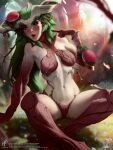  1girl :o bare_shoulders blush breasts colored_skin forest genderswap genderswap_(mtf) grass green_hair highres ivern league_of_legends long_hair medium_breasts nature navel outdoors panties pointing pointing_at_self red_eyes red_panties red_skin stomach teeth themaestronoob underwear upper_teeth_only web_address 