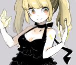  1girl bad_drawr_id bad_id bare_arms black_collar black_dress blonde_hair blush_stickers breasts bright_pupils character_request closed_mouth collar collarbone copyright_request dress frilled_dress frills grey_background hands_up long_hair looking_at_viewer medium_breasts oekaki orange_eyes sidelocks simple_background smile solo star_(symbol) twintails upper_body white_pupils yoshimoto_masume 