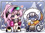  2girls ? bikini bird black_bikini blue_archive boots breasts cleavage closed_eyes closed_mouth coat commentary cup eimi_(blue_archive) eimi_(swimsuit)_(blue_archive) food full_body fur-trimmed_coat fur_trim goggles goggles_on_head groin himari_(blue_archive) holding holding_cup holding_food hood hood_up hooded_coat ice_cream jacket kado_(hametunoasioto) large_breasts licking long_hair long_skirt long_sleeves looking_at_another mountainous_horizon multiple_girls navel no_halo official_alternate_costume open_clothes open_jacket outdoors padded_jacket penguin pink_eyes pink_hair pink_jacket ponytail powered_wheelchair scarf sitting ski_goggles skirt snowing soft_serve standing stomach swimsuit trembling turn_pale wheelchair white_hair white_scarf wind winter_clothes winter_coat yellow_coat 