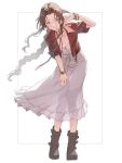  1girl aerith_gainsborough bangle boots border bracelet braid braided_ponytail breasts brown_footwear brown_hair choker cleavage closed_mouth collarbone cropped_jacket decoponmagi dress final_fantasy final_fantasy_vii final_fantasy_vii_rebirth final_fantasy_vii_remake flower_choker full_body green_eyes hair_ribbon hand_in_own_hair happy_birthday highres jacket jewelry leaning_forward long_dress long_hair looking_at_viewer medium_breasts outside_border parted_bangs pink_dress pink_ribbon red_jacket ribbon see-through_silhouette short_sleeves sidelocks single_braid smile solo white_background 