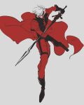  1boy belt black_gloves boots closed_mouth coat dante_(devil_may_cry) devil_may_cry_(series) devil_may_cry_2 gloves gun hair_over_one_eye holding holding_weapon male_focus orillkri pointing_gun rebellion_(sword) red_coat simple_background solo sword weapon white_hair 