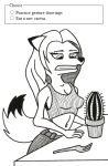 anthro arctic_fox black_and_white cactus canid canine choice cross-hatching cutlery dogwash female fork fox furniture grimace hair hatching_(art) imminent_pain kitchen_utensils long_hair mammal monochrome navel pen_(artwork) plant reluctant shaded solo table tail tools traditional_media_(artwork)