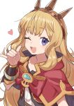  1girl ;d absurdres blonde_hair cagliostro_(granblue_fantasy) cape collarbone gazacy_(dai) granblue_fantasy heart highres long_hair one_eye_closed purple_eyes red_cape simple_background smile solo teeth tiara upper_body upper_teeth_only white_background 