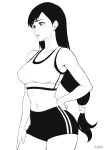  1girl absurdres alternate_costume breasts buruma final_fantasy final_fantasy_vii greyscale highres large_breasts long_hair low-tied_long_hair monochrome navel solo sports_bra sportswear stayaliveplz tifa_lockhart 