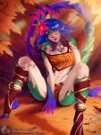 1girl bare_shoulders between_legs blue_hair breasts brown_sclera collarbone colored_sclera colored_skin crop_top flower green_skin hair_flower hair_ornament hand_between_legs highres jewelry knees_up large_breasts league_of_legends legs_apart lizard_tail medium_hair navel necklace neeko_(league_of_legends) orange_shirt orange_skirt pink_flower pink_lips red_hair reptile_girl shirt sitting skirt slit_pupils smile solo stomach tail teeth themaestronoob tree web_address yellow_eyes 
