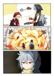  1boy 1girl absurdres backpack bag bear_trap blonde_hair boar commentary explosion food genshin_impact grass grey_hair highres hood hoodie ikazu401 klee_(genshin_impact) long_hair long_sleeves looking_at_viewer meat open_mouth razor_(genshin_impact) red_bag red_eyes red_headwear shirt simple_background smile standing tree_shade 