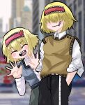  2girls :d alice_margatroid alternate_costume black_pants blonde_hair blurry blurry_background blush brown_cardigan cardigan cigarette city closed_eyes closed_mouth commentary_request cookie_(touhou) cowboy_shot food-themed_hair_ornament frilled_hairband frills grey_cardigan grey_skirt hair_between_eyes hair_ornament hair_over_eyes hairband hands_in_pockets highres ichigo_(cookie) jigen_(cookie) long_bangs long_sleeves multiple_girls open_mouth pants red_hairband shirt short_hair skirt smile strawberry_hair_ornament sznkrs teeth touhou waving white_shirt 