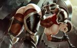  1girl armor ass axe bent_over bottomless breasts breasts_out brown_hair darius_(league_of_legends) elbow_gloves english_commentary feet_out_of_frame female_pubic_hair gauntlets genderswap genderswap_(mtf) gloves hanging_breasts holding holding_weapon large_breasts league_of_legends light_smile lips looking_at_viewer md5_mismatch mole mole_above_mouth nipples nose pauldrons pubic_hair pussy red_eyes red_thighhighs sash short_hair shoulder_armor solo themaestronoob thick_thighs thigh_armor thighhighs thighs uncensored underbust very_short_hair weapon 