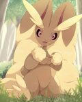  1girl :3 animal_ears animal_nose belly black_sclera body_fur breasts brown_fur bush colored_sclera commentary day forest furry furry_female grass hands_up happy highres kneeling looking_at_viewer lopunny medium_breasts nature navel on_ground open_mouth outdoors pink_eyes pointy_ears pokemon pokemon_(creature) rabbit_ears rabbit_girl rabbit_tail rumine_(yoshi1234567) short_tail smile solo stomach tail thick_thighs thighs tree two-tone_fur yellow_fur 
