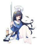  absurdres ahoge animal_ears black_hair blue_archive blue_serafuku blue_shirt blue_skirt bolt_action bottle bound bound_wrists fake_animal_ears green_neckerchief grey_halo gun halo highres leaf leaf_on_head long_hair miyu_(blue_archive) mosin-nagant neckerchief ningmeng_jing_jing_jing_jing no_shoes open_mouth panties pantyhose pantyshot red_eyes rifle sailor_collar school_uniform serafuku shirt simple_background sitting skirt two-tone_skirt underwear water_bottle weapon white_pantyhose white_sailor_collar white_skirt 