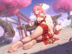  1girl animal_ears armpits bare_legs barefoot breasts detached_sleeves earrings feet floppy_ears fox_ears genshin_impact japanese_clothes jewelry kimono long_hair looking_at_viewer looking_back low-tied_long_hair miko no_shoes pink_hair sarena sideboob soles thighhighs yae_miko 