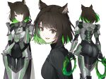  1girl adapted_costume alternate_eye_color alternate_hair_color animal_ear_fluff animal_ears armor ass ass_focus black_hair cat_ears chest_jewel green_hair highres holding holding_weapon m_(xenoblade) mio_(xenoblade) multicolored_hair multiple_views official_alternate_costume open_mouth ormille short_hair solo two-tone_hair weapon xenoblade_chronicles_(series) xenoblade_chronicles_3 yellow_eyes 