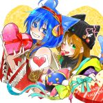  2girls :d animal_ears animal_hat blue_eyes blue_hair brown_hair cat_ears cat_hat crescent crescent_hair_ornament green_eyes hair_ornament happy_valentine hat highres long_hair looking_at_viewer multiple_girls nail_polish one_eye_closed open_mouth pointy_ears ponyo_soa ponytail precis_neumann rena_lanford robot short_hair smile star_ocean star_ocean_anamnesis star_ocean_the_second_story valentine 