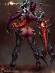  1girl aatrox armored_boots ass boots breasts closed_mouth colored_skin demon_girl from_behind gauntlets glowing glowing_eyes helmet highres holding holding_sword holding_weapon large_breasts league_of_legends long_hair multicolored_skin outdoors purple_hair red_eyes red_hair red_skin shiny_skin solo sunset sword themaestronoob weapon web_address 