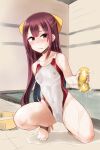  1girl barefoot basin bathroom bathtub bow brown_eyes collarbone commentary_request competition_swimsuit covered_nipples hair_bow highres indoors kamikaze_(kancolle) kantai_collection long_hair minase_(takaoka_nanase) one-piece_swimsuit purple_eyes purple_hair see-through solo sponge squatting swimsuit white_swimsuit yellow_bow 