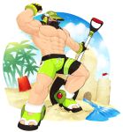  1boy abs absurdres beach drawloverlala facial_tattoo green_headwear green_shorts hat highres holding holding_shovel joints looking_at_viewer male_swimwear mega_man_(series) mega_man_x:_command_mission mega_man_x_(series) muscular palm_tree robot robot_joints sand_castle sand_sculpture shorts shovel solo steel_massimo_(mega_man) swim_trunks tattoo tree 