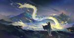  1boy dragon eastern_dragon electricity farosh flying highres horns lake ldty link mountainous_horizon night night_sky scenery single_horn sky star_(sky) the_legend_of_zelda the_legend_of_zelda:_breath_of_the_wild 