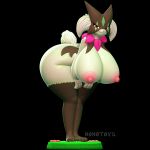 3d_(artwork) anthro bent_over big_breasts big_butt breasts butt claws digital_media_(artwork) female flower generation_9_pokemon grass green_body hands_on_legs hands_on_thighs hi_res meowscarada nintendo nipples nonotoys paws pinup plant pokemon pokemon_(species) pose raised_tail red_eyes smile solo tail