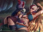  2girls armpits ass black_panties black_thighhighs blue_eyes breasts ears_through_headwear feathers forest grey_hair hand_on_another&#039;s_ass large_breasts league_of_legends multiple_girls nature outdoors panties rakan_(league_of_legends) red_hair short_hair short_sleeves smile themaestronoob thighhighs tree underwear web_address xayah yuri 